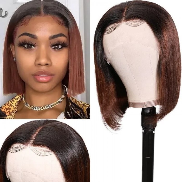 Incolorwig T1B4 Ombre Color Short Bob Wigs 150% Density Virgin Straight Human Hair 13*4 Lace Front Wigs 