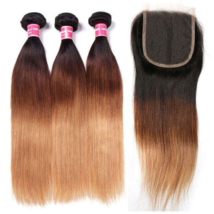 Incolorwig 100% Human Hair #T1B427 Ombre 3 Bundles Stragiht Hair With 4*4 Lace Closure Free Part For Women