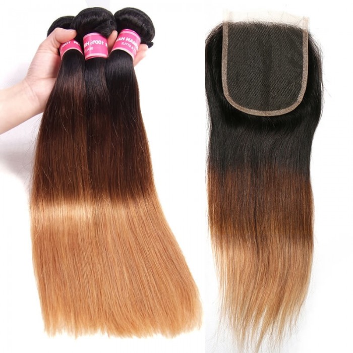 Incolorwig 100% Human Hair #T1B427 Ombre 3 Bundles Stragiht Hair With 4*4 Lace Closure Free Part For Women