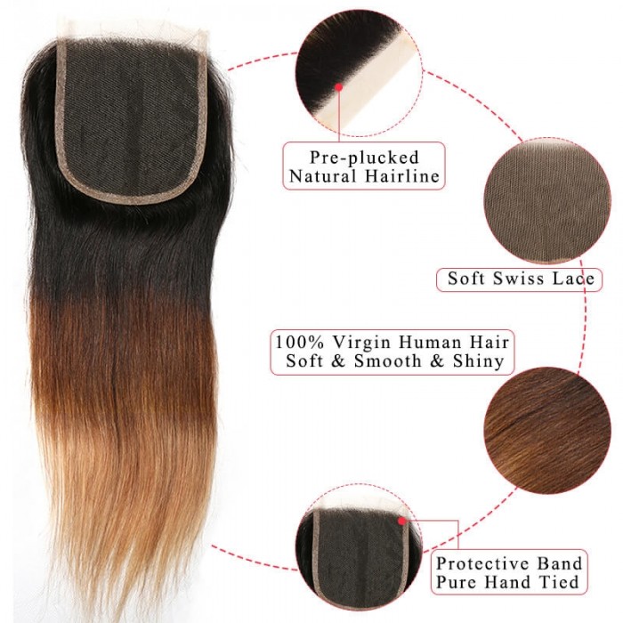 Incolorwig 100% Human Hair #T1B427 Ombre 3 Bundles Stragiht Hair With 4*4 Lace Closure Free Part For Women