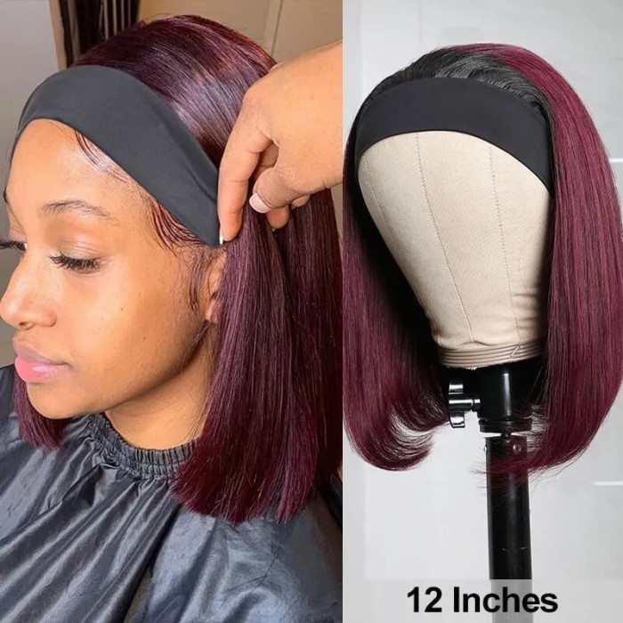 Incolorwig Straight Human Hair Bob Wig 1B/99J Red Headband Wigs No Glue Wear And Go Wig