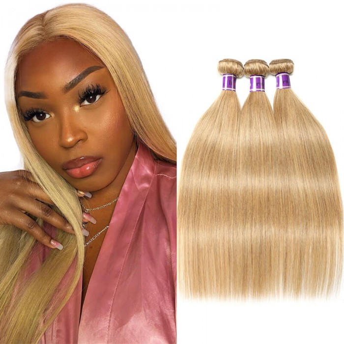 Incolorwig High Quality 3 Bundles #27 Honey Blonde Straight Brazilian Human Hair Weave