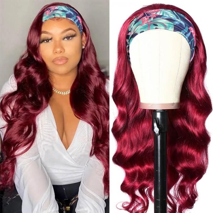 Incolorwig Burgundy Red Headband Wigs Glueless Human Hair Wigs Adjustable Headband Body Wave Wigs 