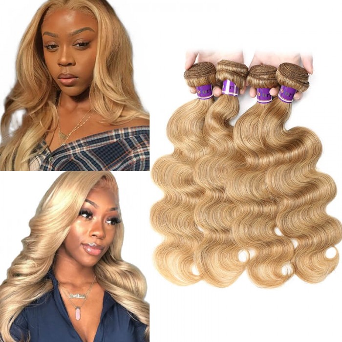 Incolorwig Brazilian Human Hair Weave #27 Honey Blonde Body Wave 4 Bundles Deal