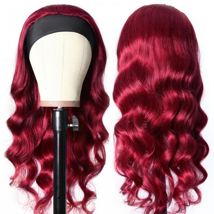 Incolorwig Burgundy Red Headband Wigs Glueless Human Hair Wigs Adjustable Headband Body Wave Wigs 