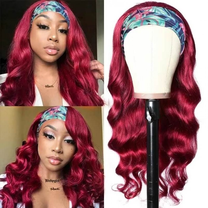 Incolorwig Burgundy Red Headband Wigs Glueless Human Hair Wigs Adjustable Headband Body Wave Wigs 