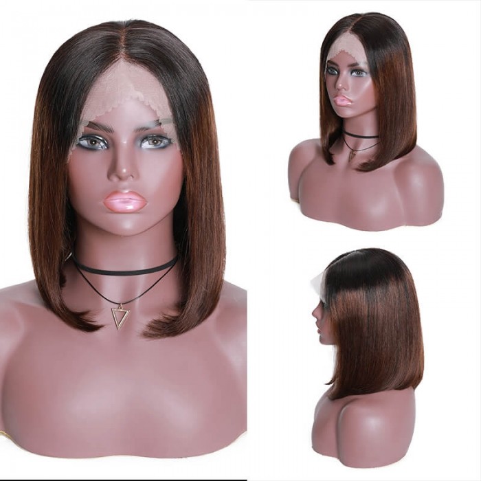 Incolorwig T1B4 Ombre Color Short Bob Wigs 150% Density Virgin Straight Human Hair 13*4 Lace Front Wigs 