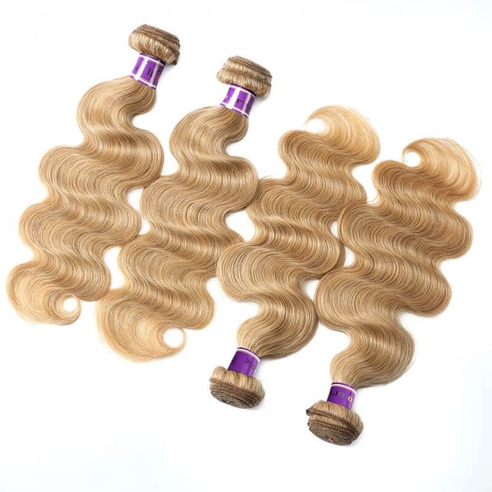 Incolorwig Brazilian Human Hair Weave #27 Honey Blonde Body Wave 4 Bundles Deal