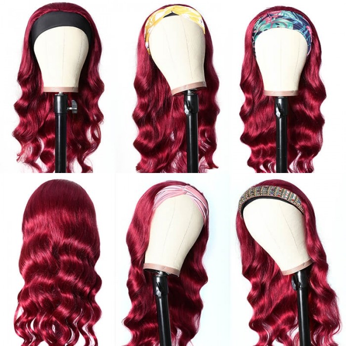 Incolorwig Burgundy Red Headband Wigs Glueless Human Hair Wigs Adjustable Headband Body Wave Wigs 