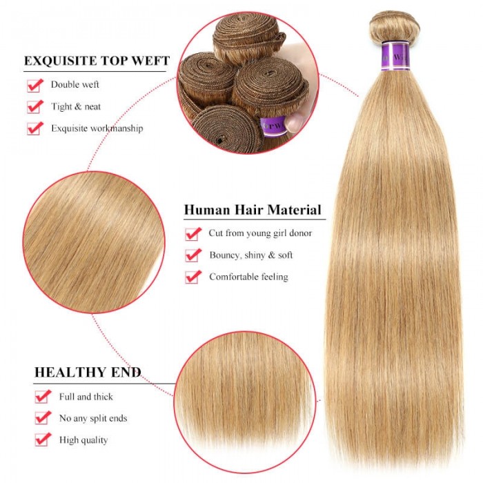 Incolorwig High Quality 3 Bundles #27 Honey Blonde Straight Brazilian Human Hair Weave