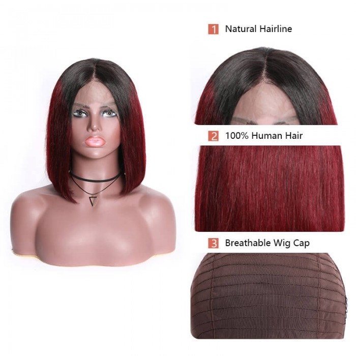 Incolorwig T1B99J Bob Straight Human Hair Wig 13x4 Red Blunt Cut Bob Wigs With Baby Hair 150% Density