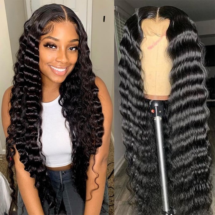 Incolorwig Long Loose Deep Wave T Part Wig 150% Density Natural Black Wigs With Baby Hair
