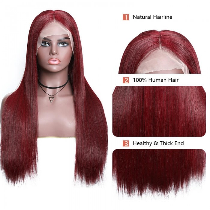 Incolorwig Straight Human Hair 13*6 Lace Frontal Wig 150% Density #99J Red Hair Wig