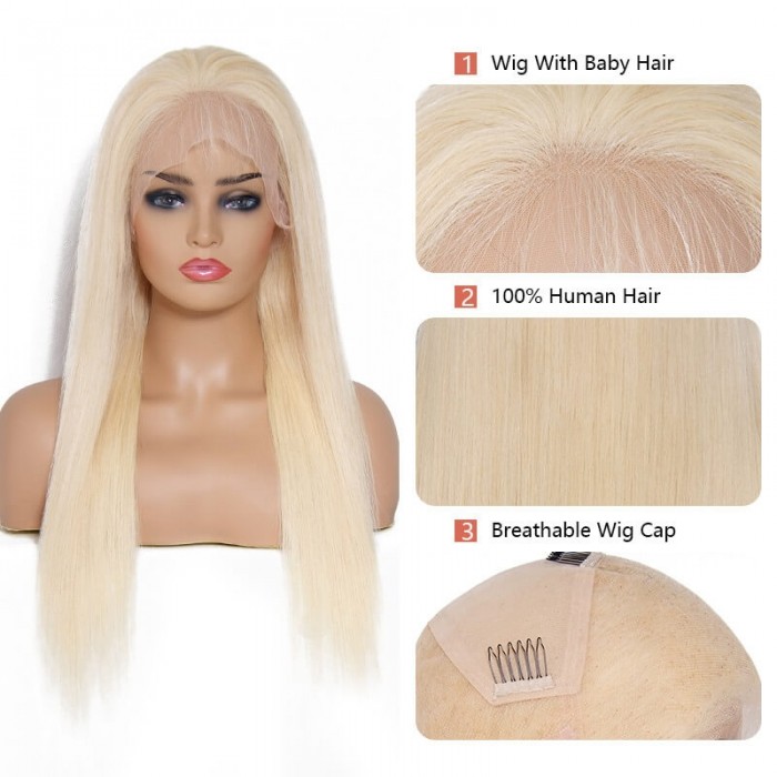 Incolorwig 613 Blonde Wig Straight Human Hair 150% Density Pre Plucked 13x6 Deep Part Blonde Lace Front Wigs