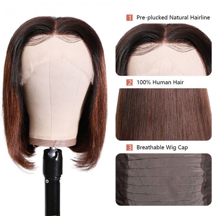 Incolorwig T1B4 Ombre Color Short Bob Wigs 150% Density Virgin Straight Human Hair 13*4 Lace Front Wigs 