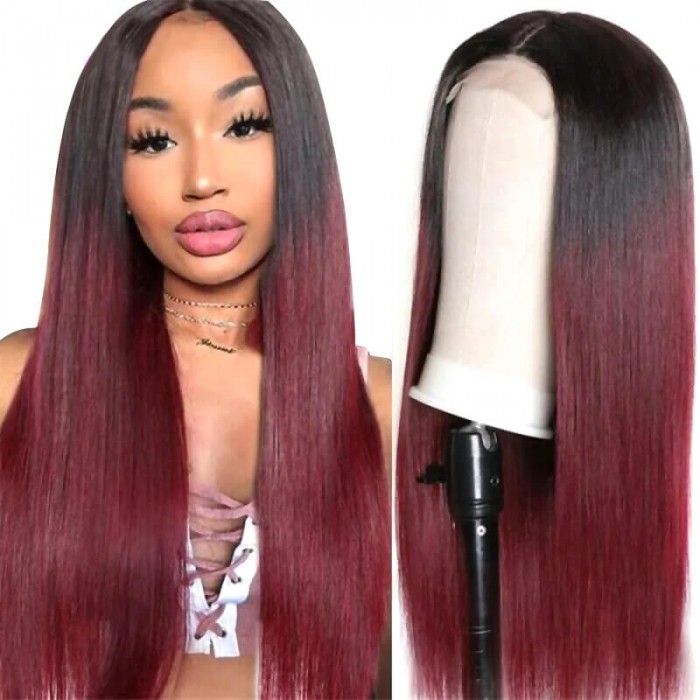 Incolorwig Straight Human Hair Wig Red Color 4x4 Lace Closure Straight Hair Wigs 1B99J Wig 150% Density