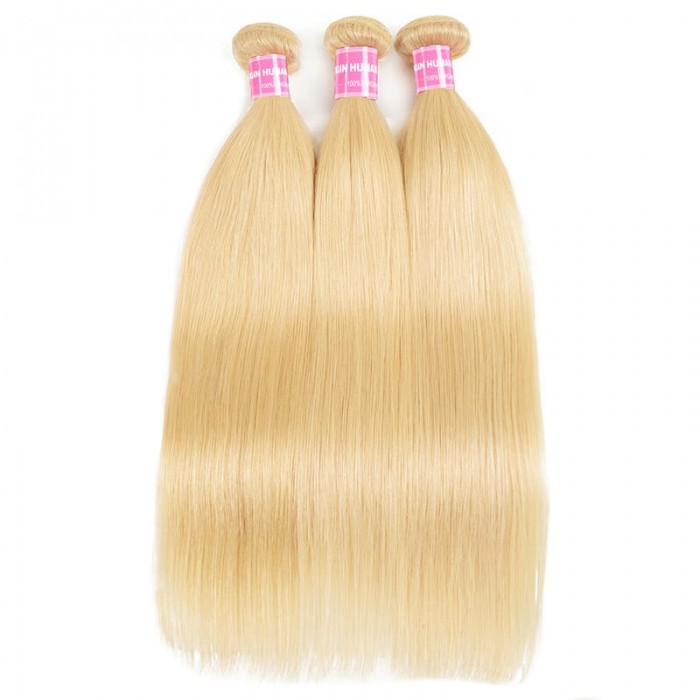Incolorwig New Malaysian Human Hair #613 Blonde Straight Hair Combination 3 Bundles With 4*4 Lace Closure
