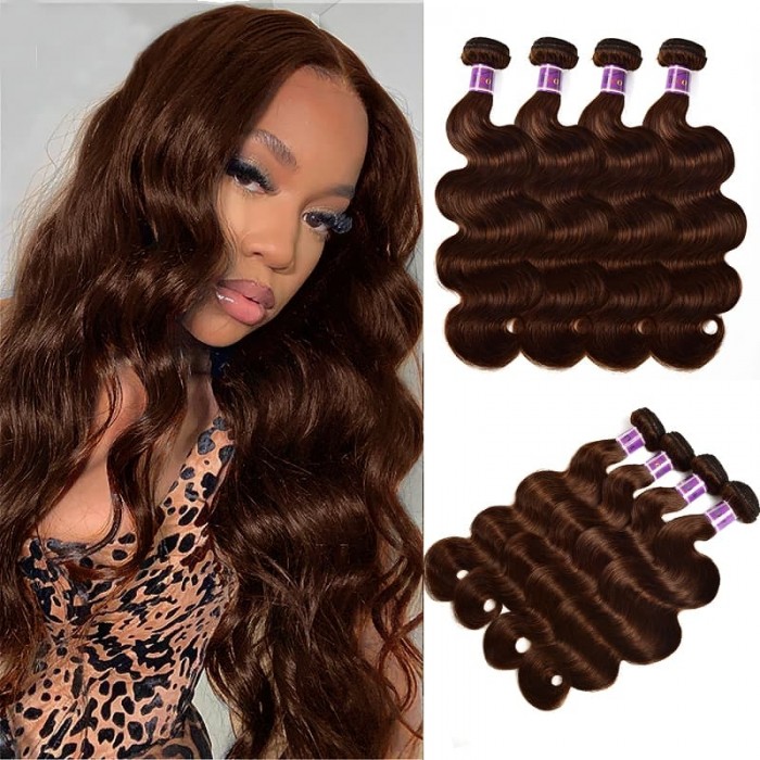 Incolorwig Virgin Peruvian Human Hair Weave Pre-colored #4 Medium Brown Body Wave 4 Bundles Deals