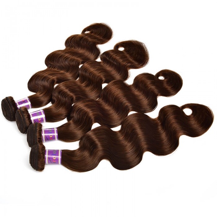 Incolorwig Virgin Peruvian Human Hair Weave Pre-colored #4 Medium Brown Body Wave 4 Bundles Deals