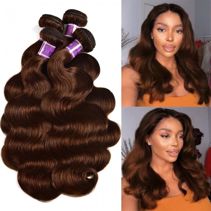 Incolorwig Virgin Brazilian Human Hair Weave Pre-colored #4 Medium Brown Body Wave 4 Bundles