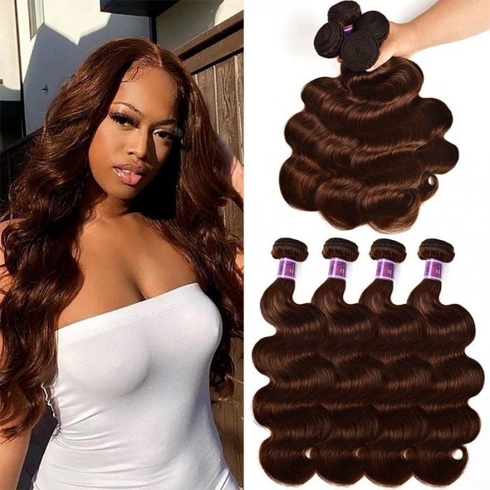 Incolorwig Virgin Brazilian Human Hair Weave Pre-colored #4 Medium Brown Body Wave 4 Bundles