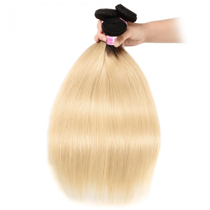 Incolorwig New #T1B613 Ombre Blonde Straight Peruvian 3 Bundles Hair With 13*4 Free Part Lace Frontal