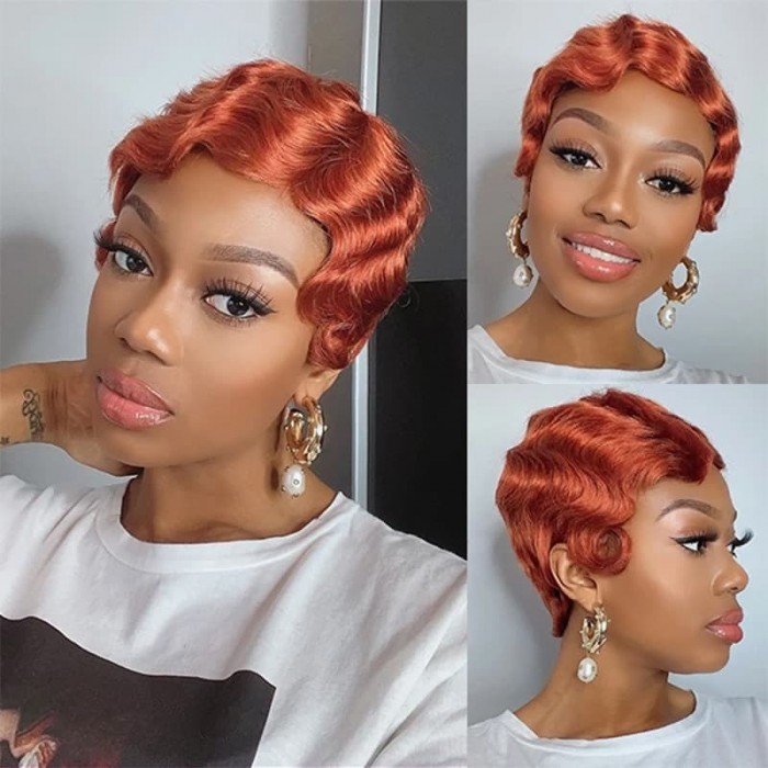 Incolorwig Flaming Orange Pixie Cut Short Wig 150% Density Machine Made Finger Wave Bob Wig