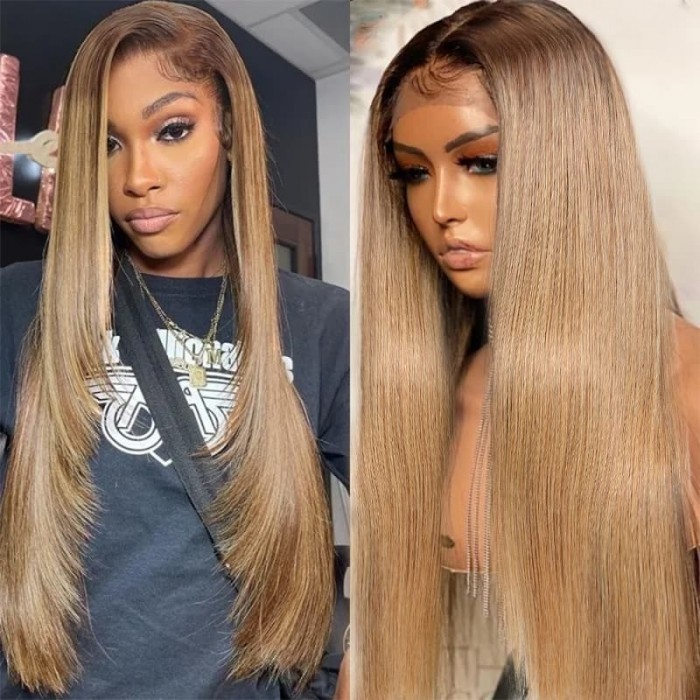 Incolorwig Honey Brown Ombre 13*4 Transparent Lace Front Straight Hair Wig With Bangs