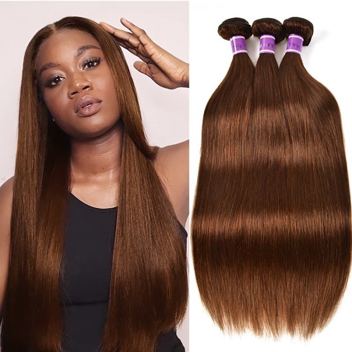 Incolorwig #4 Medium Brown Straight Virgin Brazilian Human Hair Weave 3 Bundles