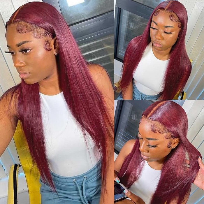 Incolorwig New Arrival 99J Lace Part Wigs Long Straight 13x4 Lace Frontal Wig Red Color Best Human Hair Wigs