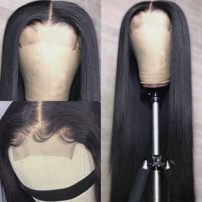 Incolorwig 150% Density Lace Parting Wig Middle Part Human Hair Wig 13*4 Lace Frontal Straight Hair Wig Natural Black Wig