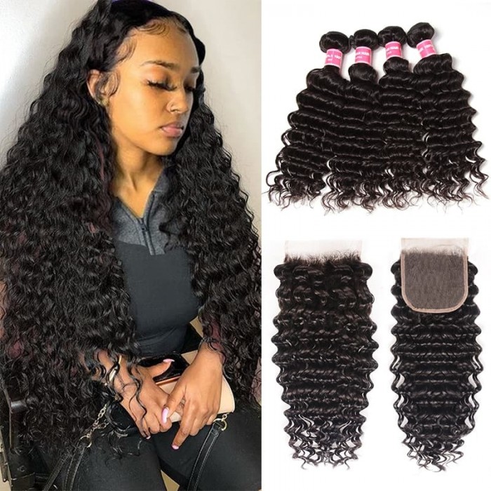 Incolorwig Deep Wave Weave 4 Bundle Deals With Free Part 4*4 Lace Closure Wholesale Price