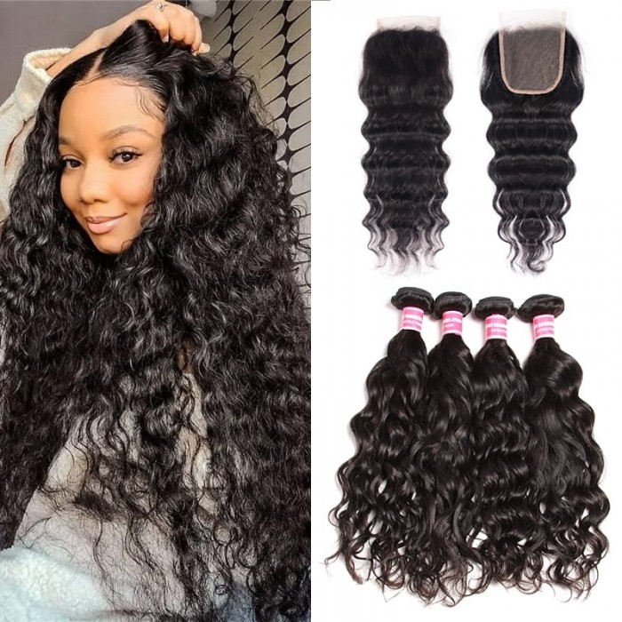 Incolorwig 4 Bundles Real Virgin Human Hair Natural Wave With 4x4 Lace Closure