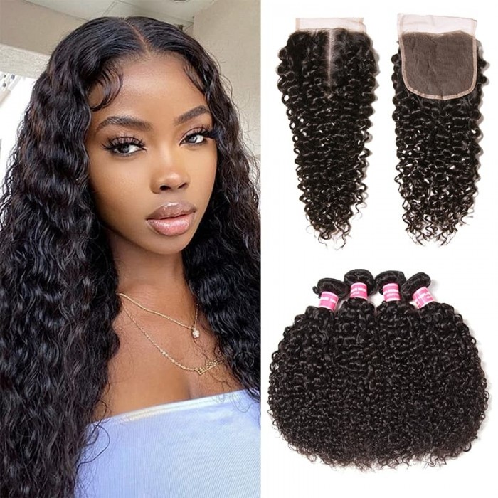 Incolorwig Natural Black Jerry Curly Weave 4 Bundle Deals With 4x4 Lace Closure