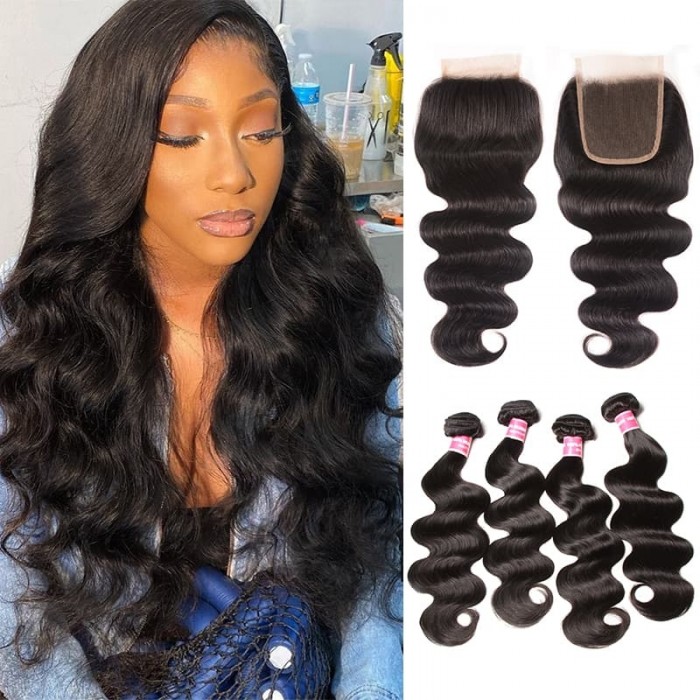 Incolorwig Soft And Bouncy Body Wave Human Hair Weave 4 Bundles With 4x4 Lace Closure