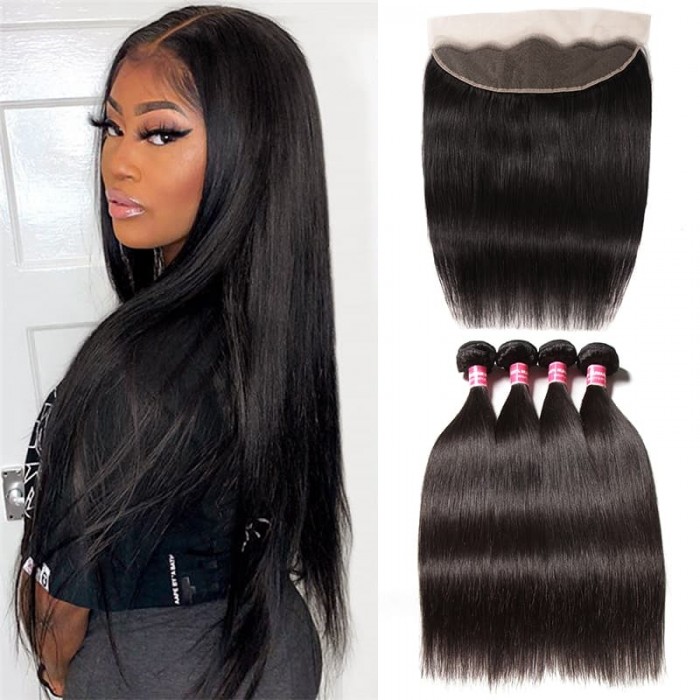 Incolorwig Best 4 Bundles Straight Human Hair Weave With Ear To Ear 13x4 Lace Frontal