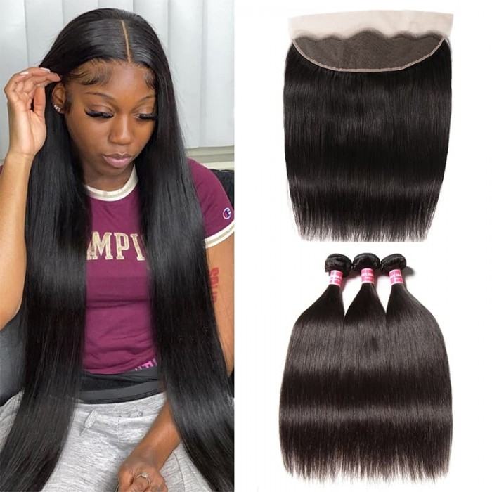 Incolorwig 100% Virgin Human Hair Straight Hair 3 Bundles With 13x4 Lace Frontal Closure