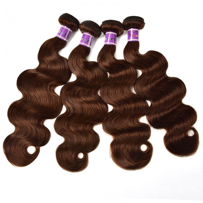 Incolorwig Virgin Brazilian Human Hair Weave Pre-colored #4 Medium Brown Body Wave 4 Bundles