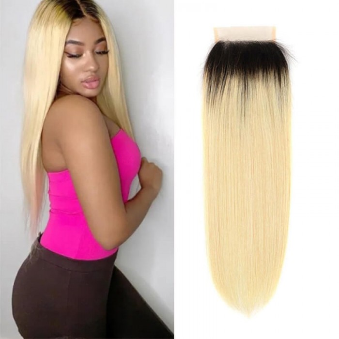 Incolorwig New #T1B613 Blonde Brazilian Free Part 4*4 Straight Human Hair Lace Closure