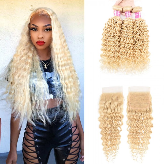 Incolorwig High Quality Peruvian #613 Blonde Deep Wave 3 Bundles Hair Weaving With 4*4 Lace Closure