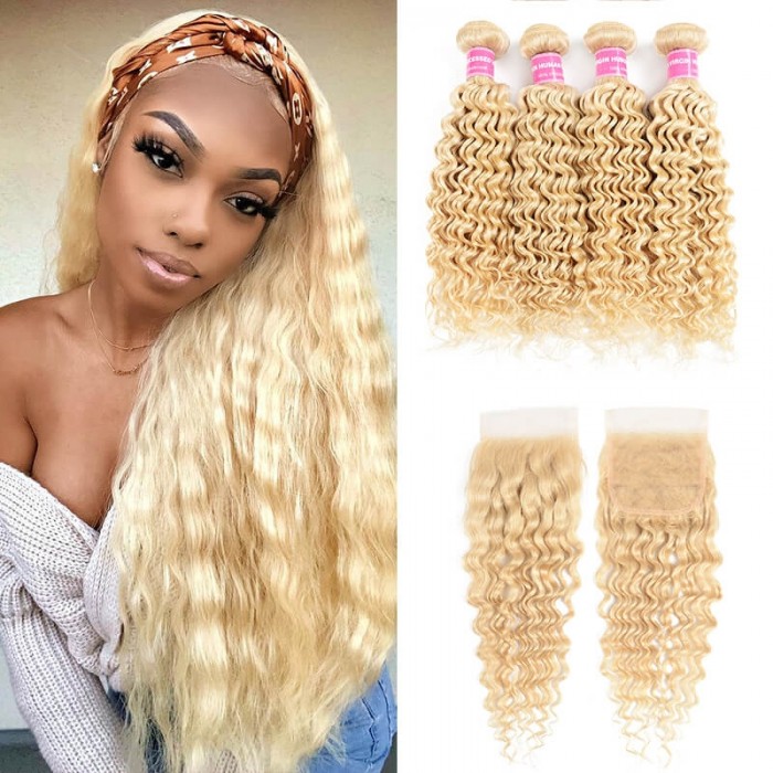 Incolorwig #613 Blonde Deep Wave Brazilian 4 Bundles Hair With 4*4 Lace Closure Free Part For Women