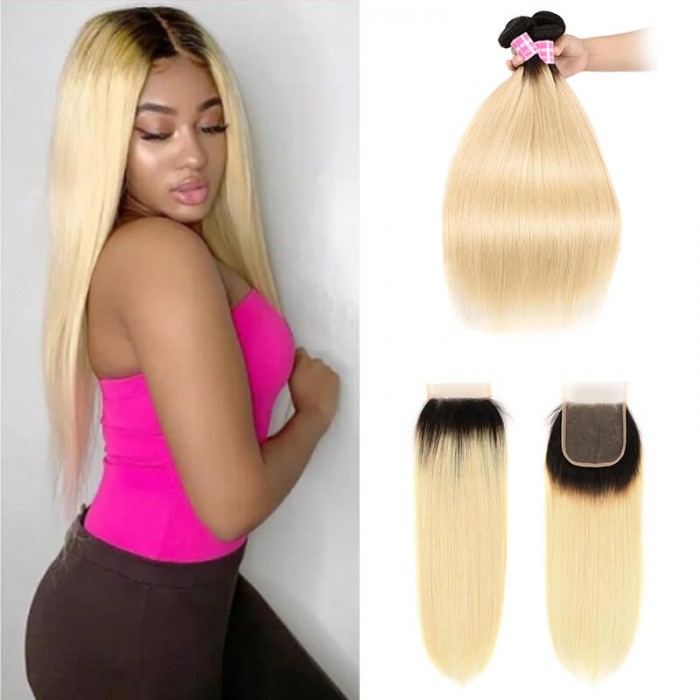 Incolorwig New Arrival Peruvian Human Hair Combination #T1B613 Ombre Blonde Straight Hair 3 Bundles With 4*4 Lace Closure
