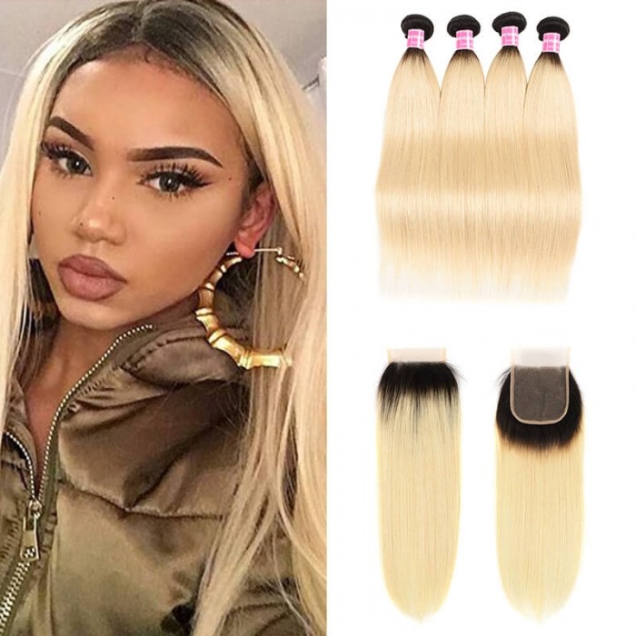 Incolorwig Staight Hair #T1B613 Ombre Color Brazilian 4 Bundles Hair With 4*4 Free Part Lace Closure