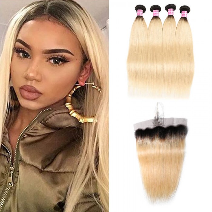 Incolorwig #T1B613 Ombre Color Staight Brazilian 4 Bundles Hair With 13*4 Free Part Lace Frontal