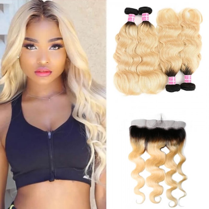 Incolorwig Brazilian Human Hair #T1B613 Ombre Color Body Wave 4 Bundles Hair With 13*4 Free Part Lace Frontal
