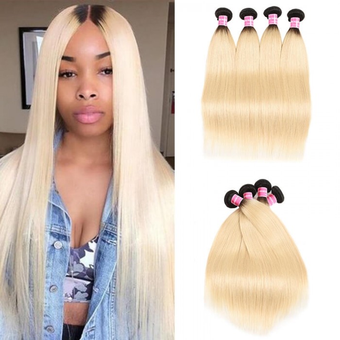 Incolorwig Peruvian Human Hair #T1B613 Ombre Blonde Staight Human Hair Weave 4 Bundles Deals