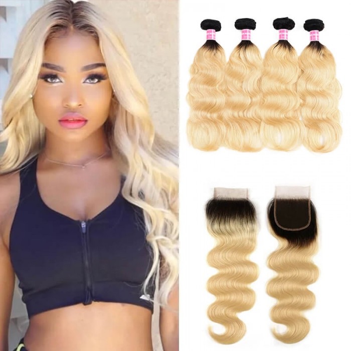 Incolorwig Indian Human Hair New Arrival #T1B613 Ombre Color Body Wave 4 Bundles Hair With 4*4 Free Part Lace Closure