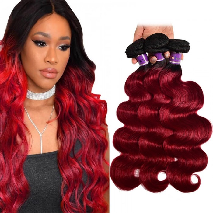 Incolorwig High Quality #TB/Burgundy Body Wave Human Hair Weaves 3 Bundles Virgin Brazilian Human Hair