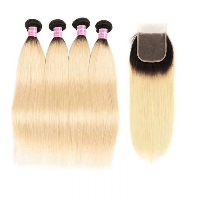 Incolorwig Malaysian 4 Bundles Hair With 4*4 Free Part Lace Closure Staight Hair #T1B613 Ombre Color