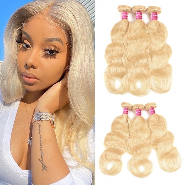 Incolorwig Brazilian Human Virgin Hair # 613 Blonde Body Wave Hair Weaves 3 Bundles